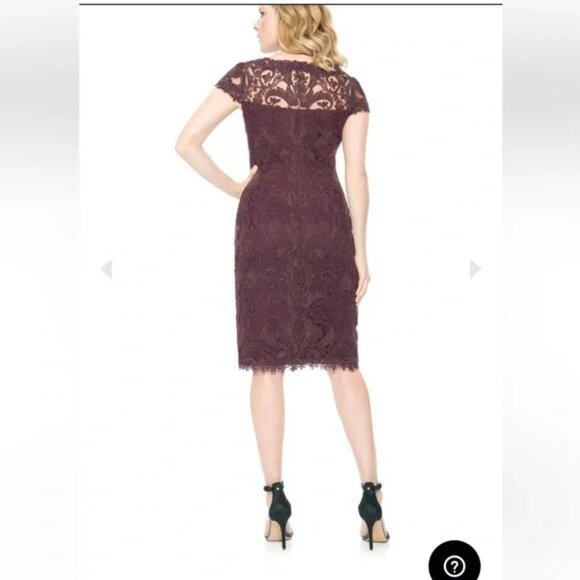 Tadashi Shoji Burgundy Corded Embroidery On Tulle Cap Sleeve Sheath Dress SZ 10 - Picture 2 of 9